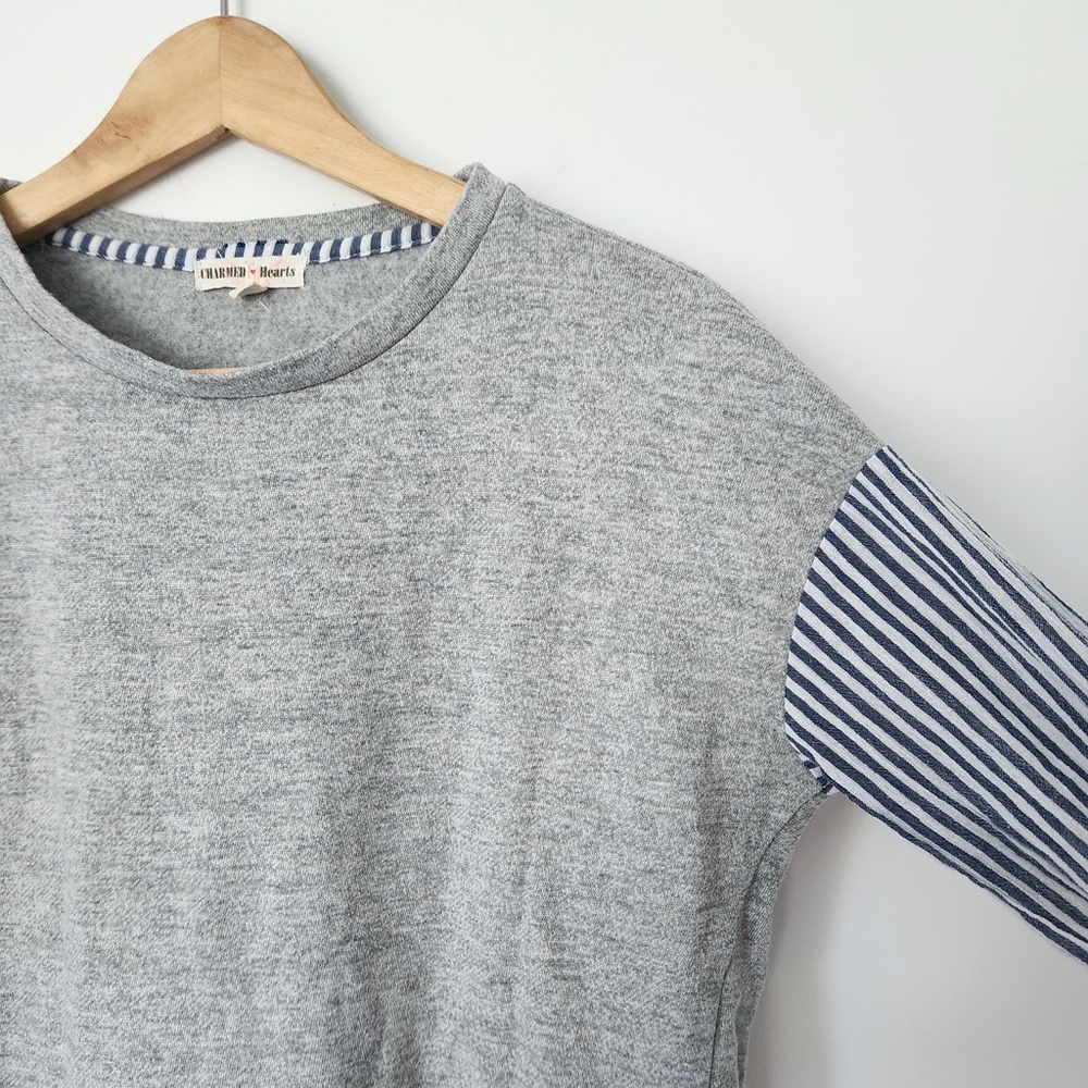 Mixed Media Bell Sleeve Sweatshirt‎ Medium Blue Stripes Preppy Coastal Old Money - Picture 11 of 16